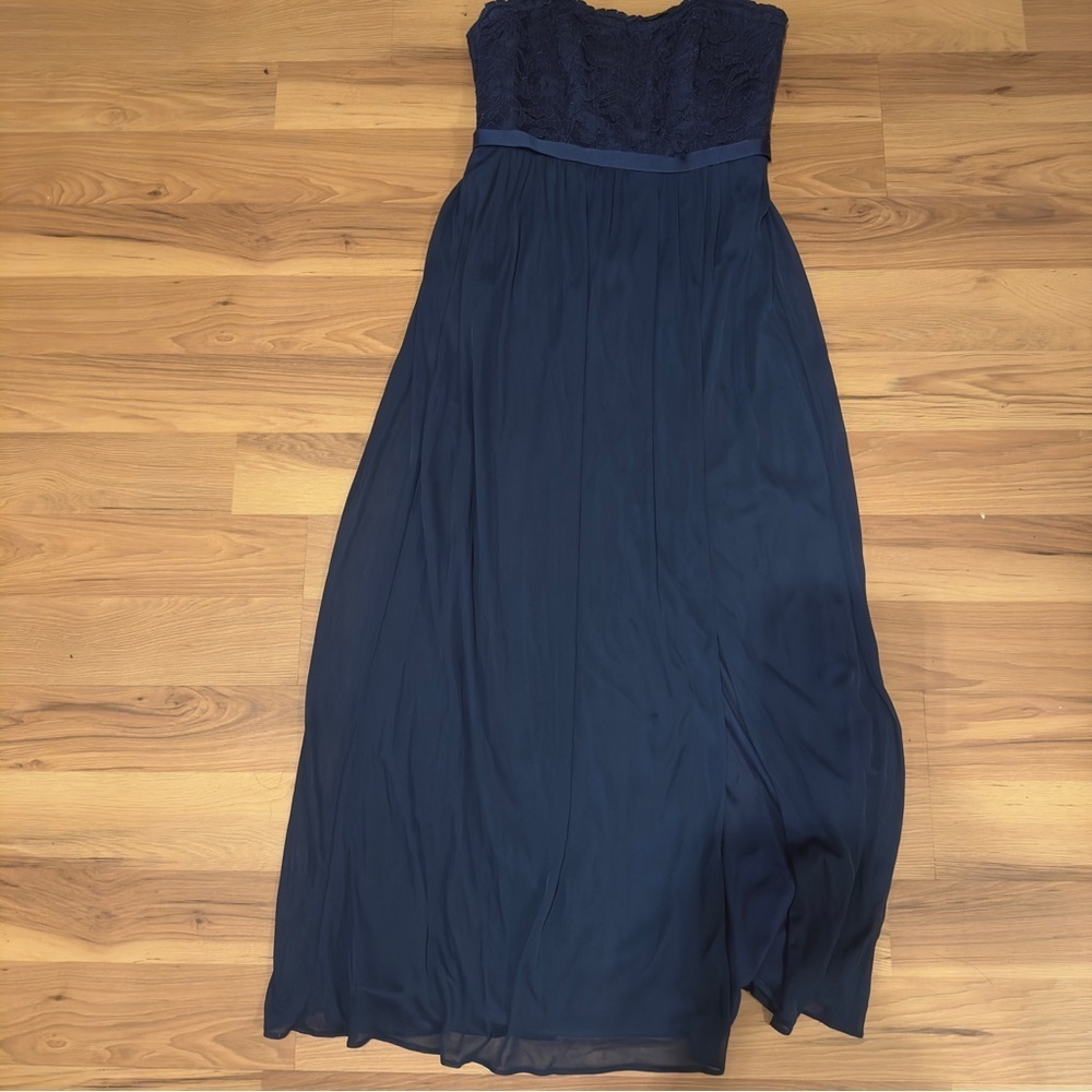 David's Bridal Lace Bodice Strapless Navy Maxi Dress